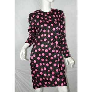 Vintage David Hayes‎ Dress Vintage Black Fuchsia Pink Silk Polka Dots Size 8